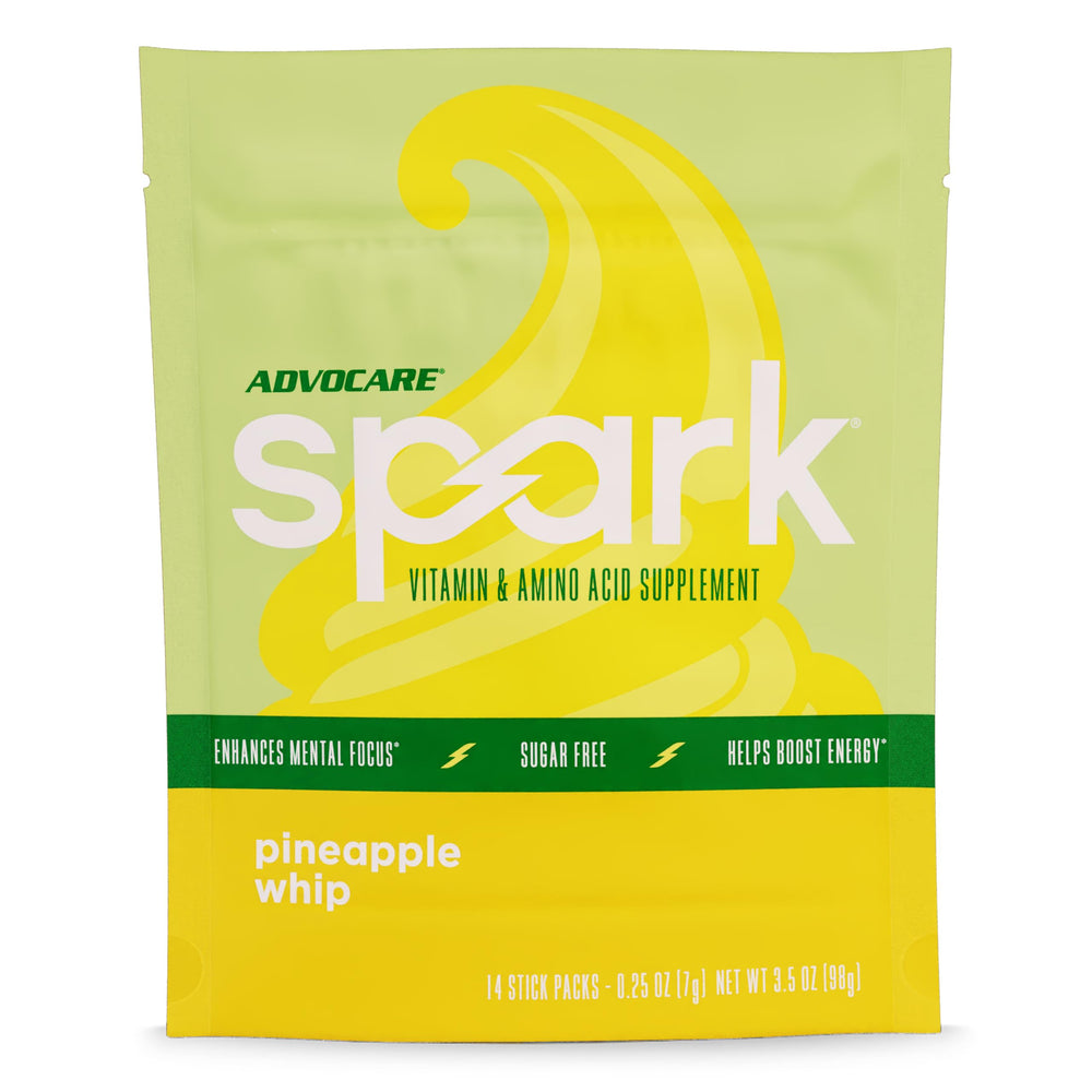 AdvoCare Spark Pineapple Whip stick packs shown in a tidy box for convenient energy.