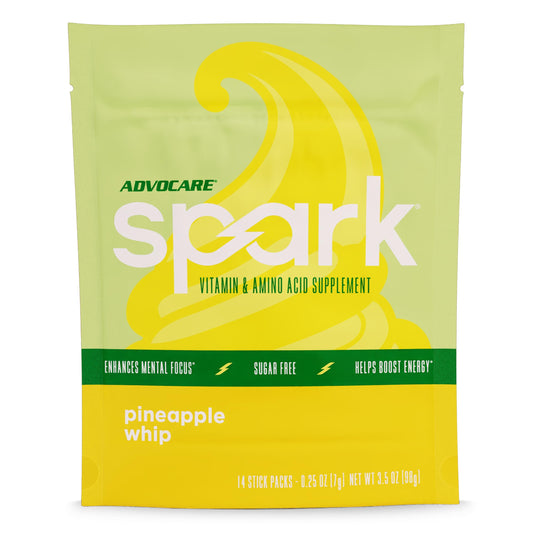 AdvoCare Spark Pineapple Whip stick packs shown in a tidy box for convenient energy.