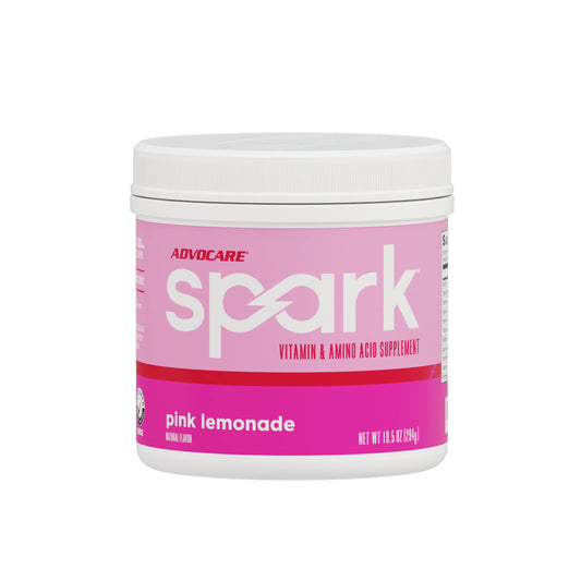 AdvoCare Spark pink lemonade tub for convenient daytime energy boost.