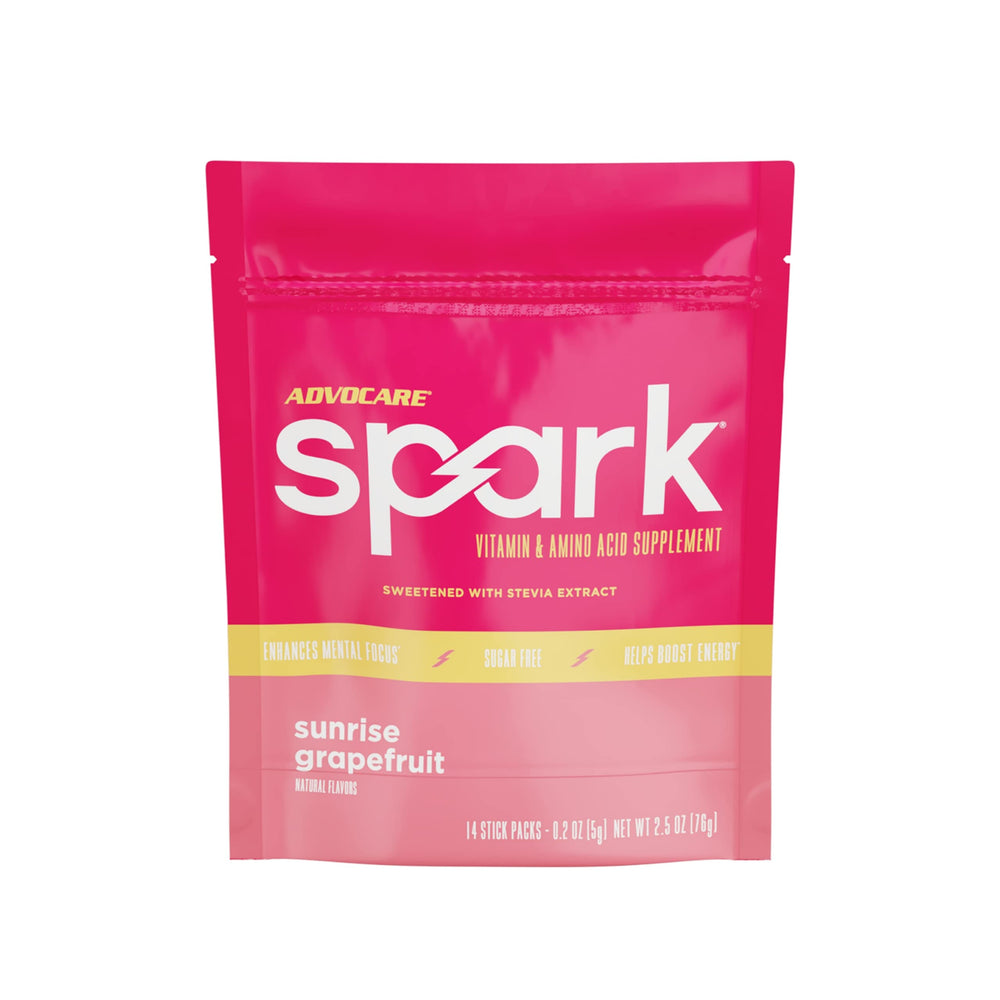 AdvoCare Spark Sunrise Grapefruit stick pack ready for an on-the-go energy boost.