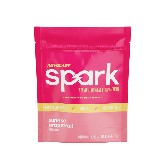 AdvoCare Spark Sunrise Grapefruit stick pack ready for an on-the-go energy boost.
