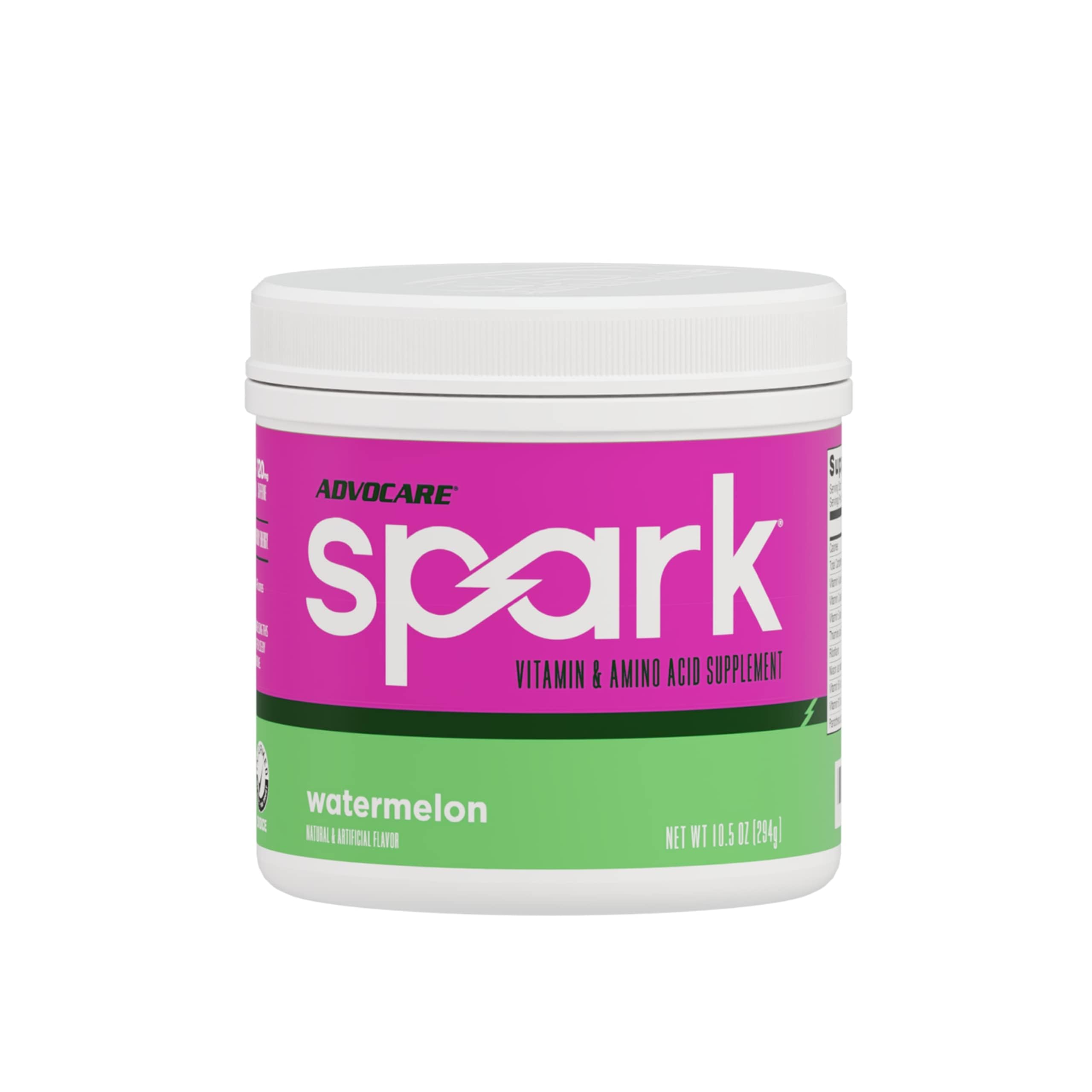AdvoCare Spark watermelon powder tub ready to mix for a refreshing energy boost