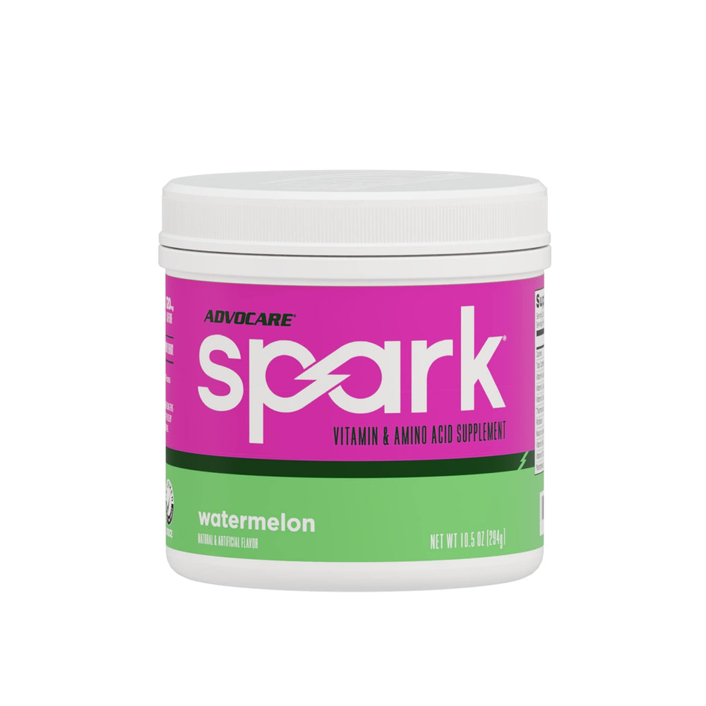 AdvoCare Spark watermelon powder tub ready to mix for a refreshing energy boost