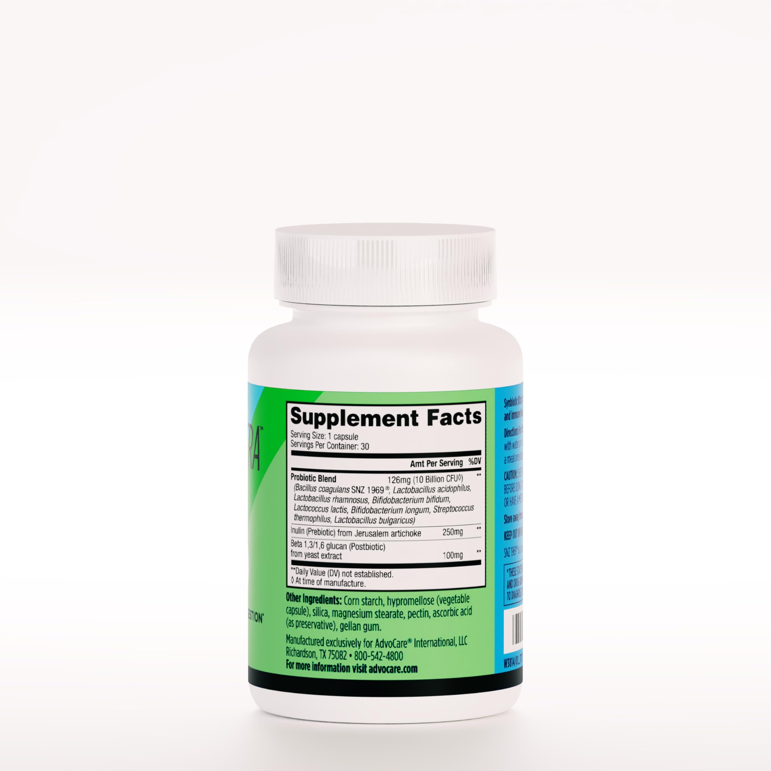 AdvoCare Synbiotic Ultra capsules close-up with delayed-release design for intestinal delivery.