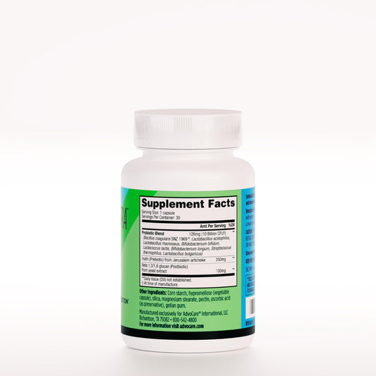 AdvoCare Synbiotic Ultra capsules close-up with delayed-release design for intestinal delivery.
