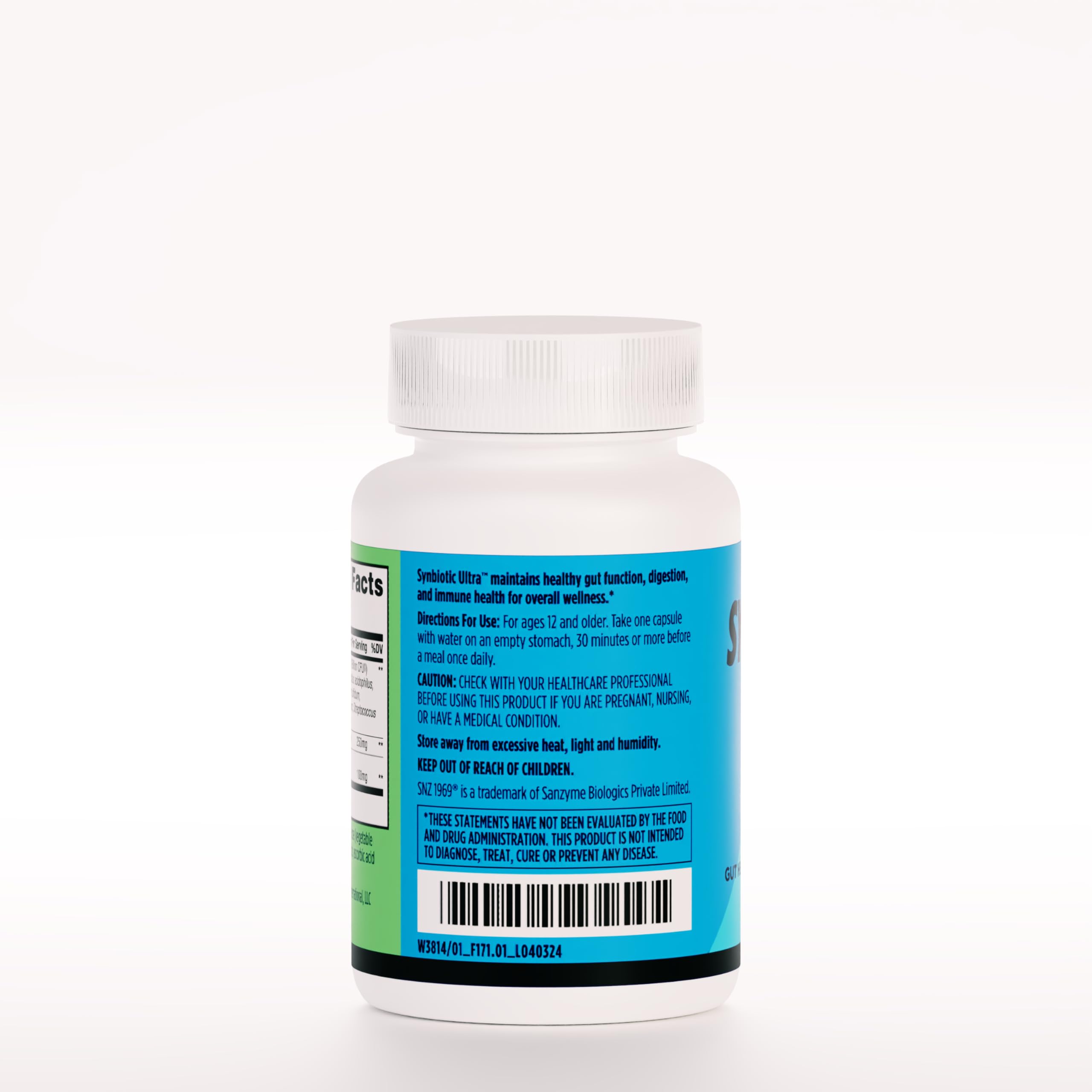 AdvoCare Synbiotic Ultra label highlighting probiotics, prebiotics, and postbiotics.