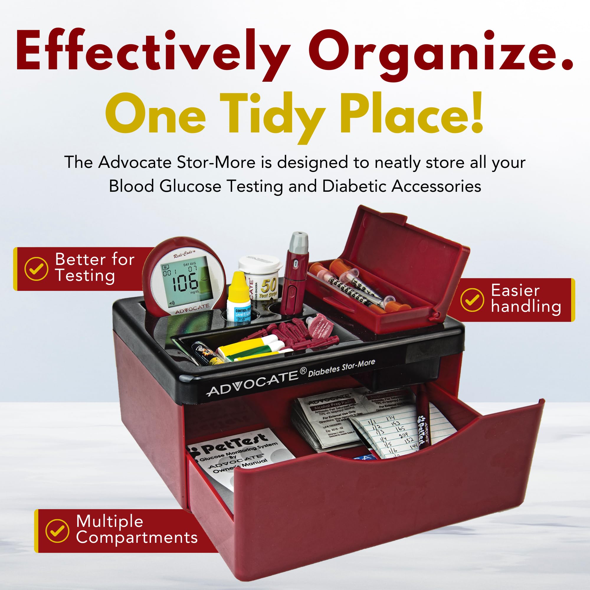 Advocate organizer with drawer open shows roomy space for test strips and lancets.