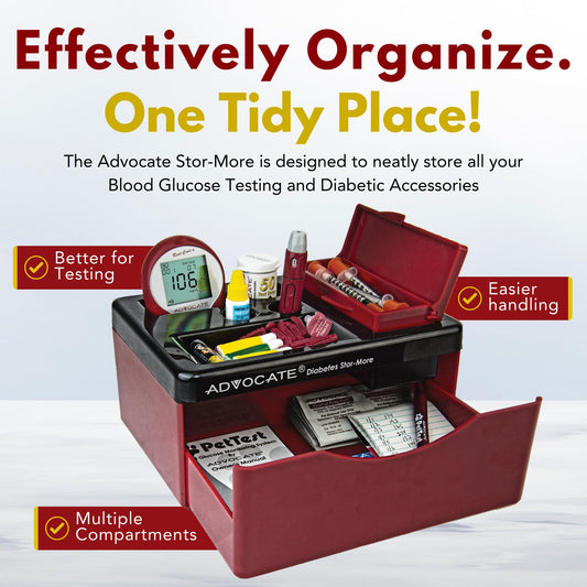 Advocate organizer with drawer open shows roomy space for test strips and lancets.