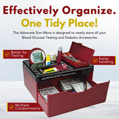 Advocate organizer with drawer open shows roomy space for test strips and lancets.