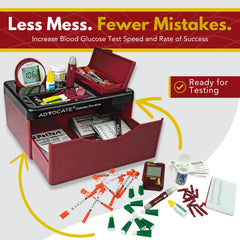 Advocate sealable sharps container highlights safe disposal for lancets and syringes.