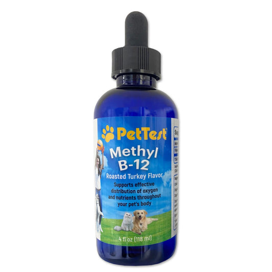 Advocate PetTest Methyl B12 Drops bottle on a table; energy support for pets.