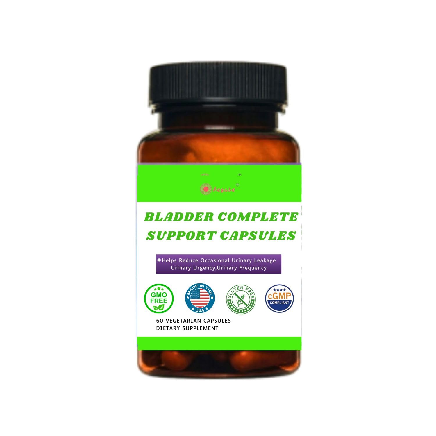 Aegabe bladder control bottle with daily capsules for urinary comfort.