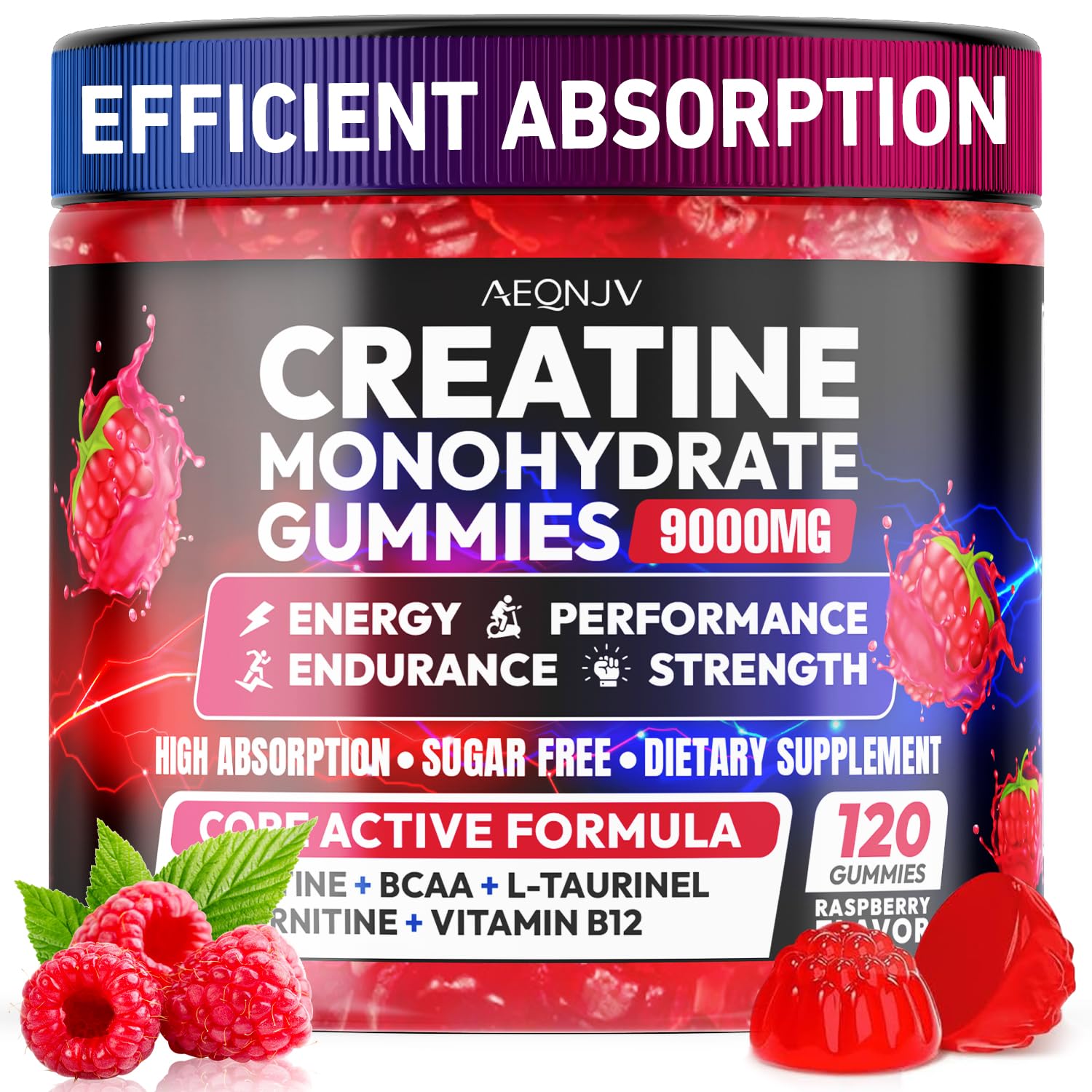 AEQNJV Creatine Gummies bottle shown with 9,000 mg serving for a convenient pre-workout option