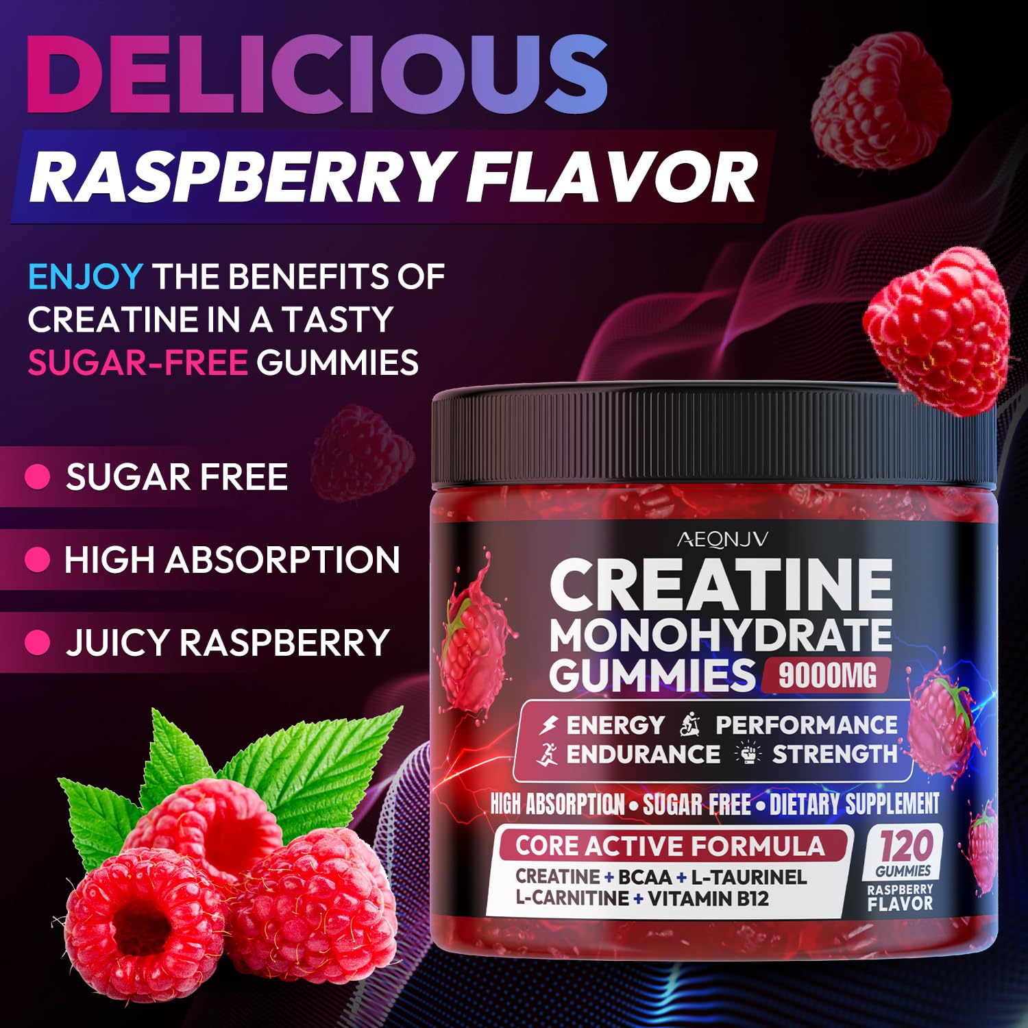 A serving of AEQNJV Creatine Gummies ready for daily use