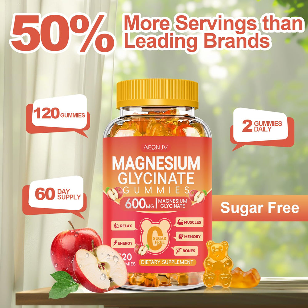 AEQNJV Vegan-friendly magnesium glycinate gummies in bottle with apple flavor.