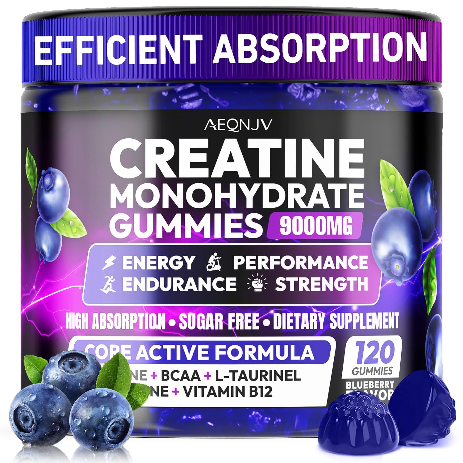 AEQNJV Creatine Gummies bottle close-up highlights high-potency formula for workouts.