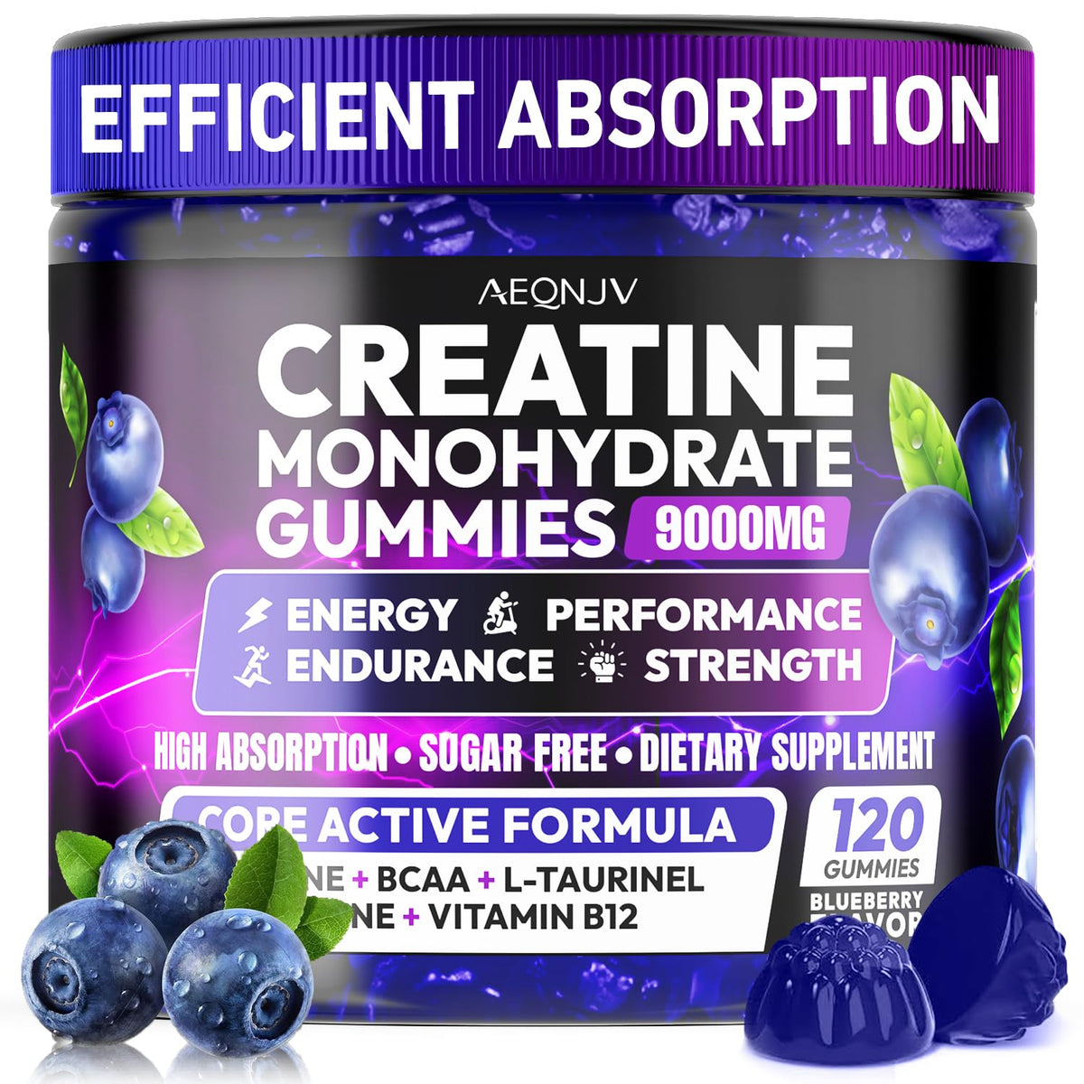 AEQNJV Creatine Gummies bottle close-up highlights high-potency formula for workouts.