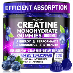 AEQNJV Creatine Gummies bottle close-up highlights high-potency formula for workouts.