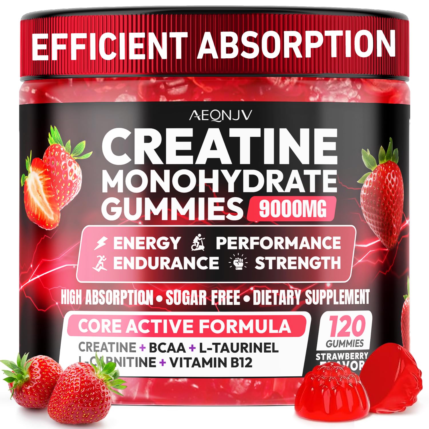 AEQNJV Creatine Gummies bottle view for portable energy support at workouts.
