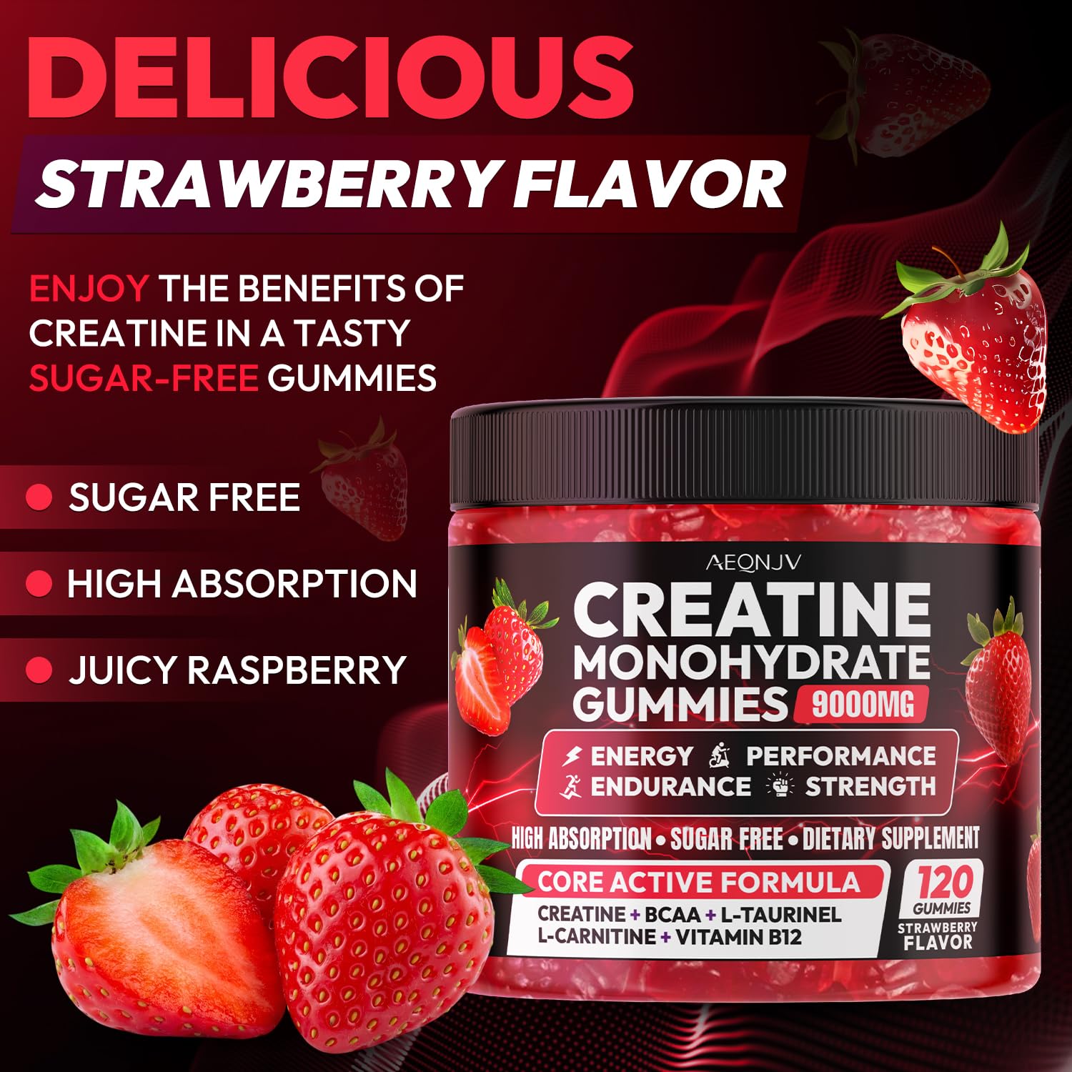 AEQNJV Creatine Gummies close-up shows strawberry flavor and chewy texture for focus.