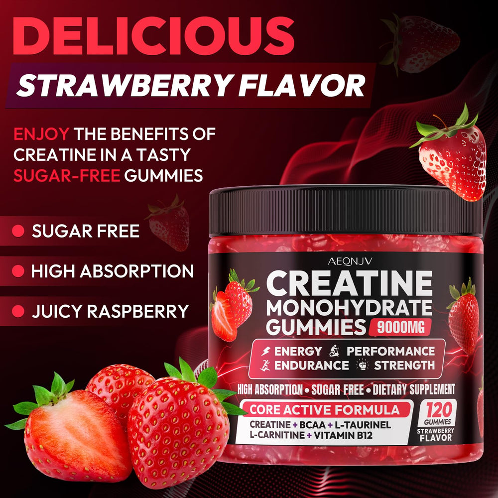AEQNJV Creatine Gummies close-up shows strawberry flavor and chewy texture for focus.