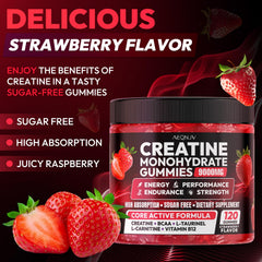 AEQNJV Creatine Gummies close-up shows strawberry flavor and chewy texture for focus.