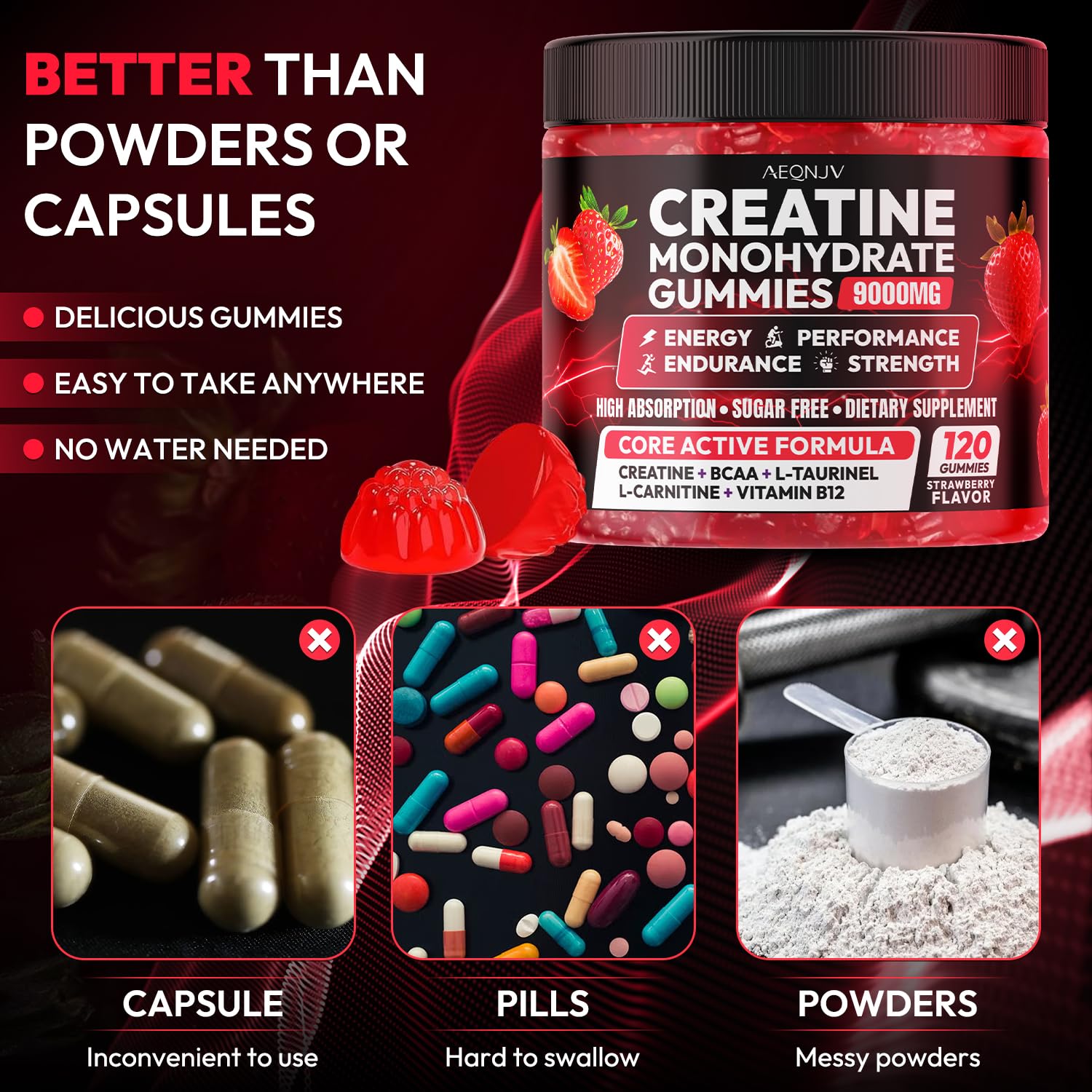 AEQNJV Creatine Gummies ingredients list emphasizes BCAA and B12 support.