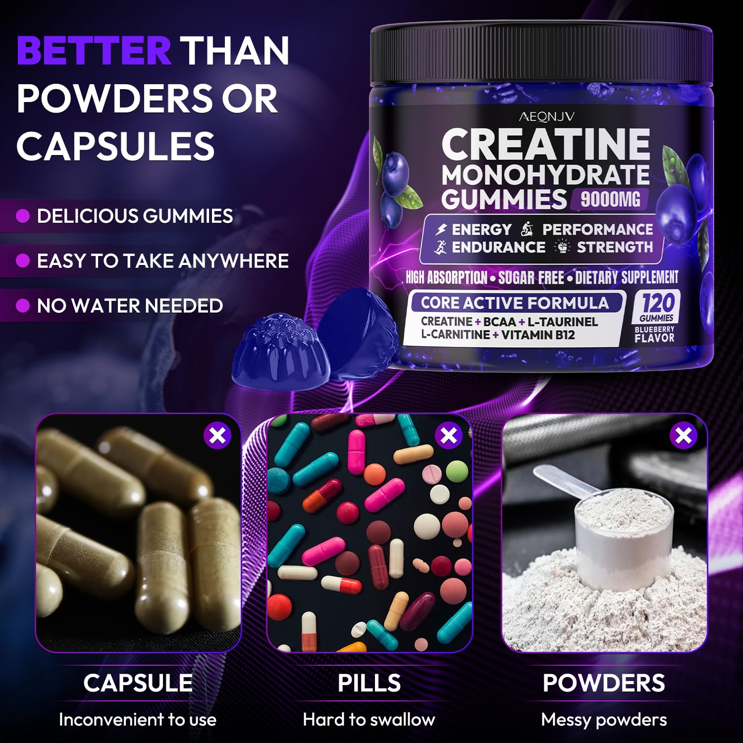 AEQNJV Creatine Gummies nutrition label confirms vegan, non-GMO, and gluten-free ingredients.