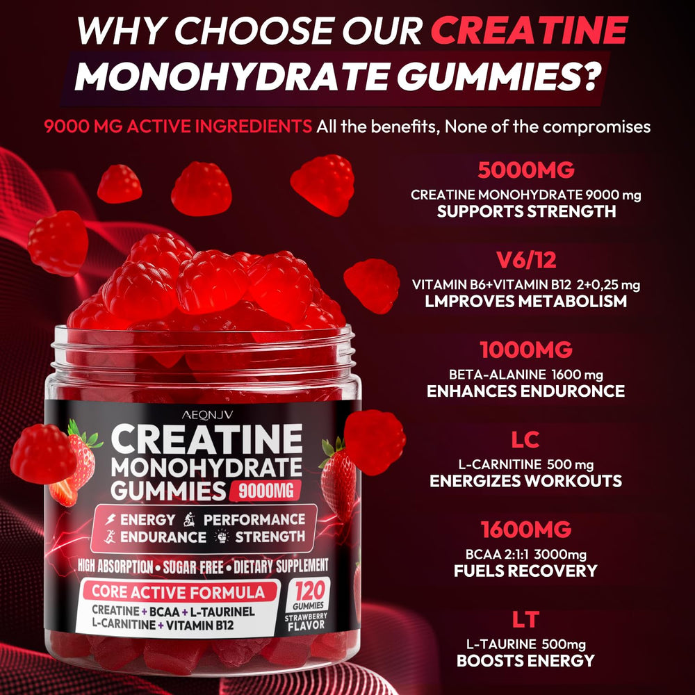 AEQNJV Creatine Gummies packaging highlights vegan, non-GMO, and gluten-free credentials.