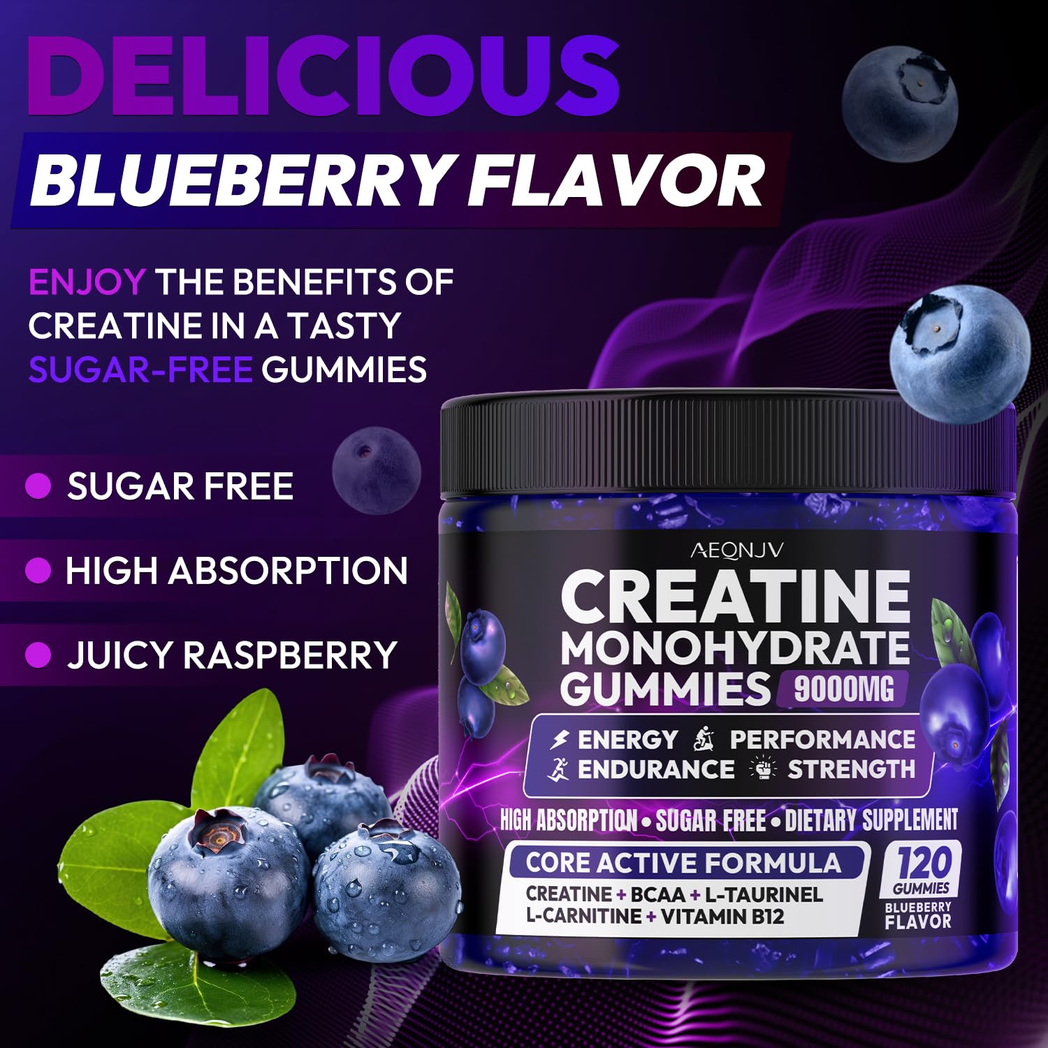 AEQNJV Creatine Gummies serving pour shows a full 120-gummy supply for a month.