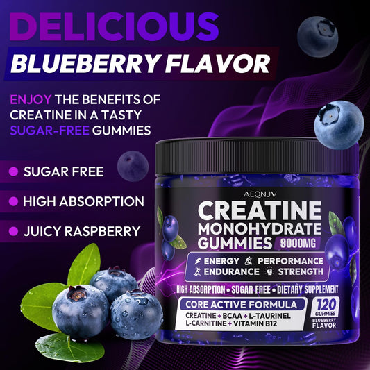 AEQNJV Creatine Gummies serving pour shows a full 120-gummy supply for a month.
