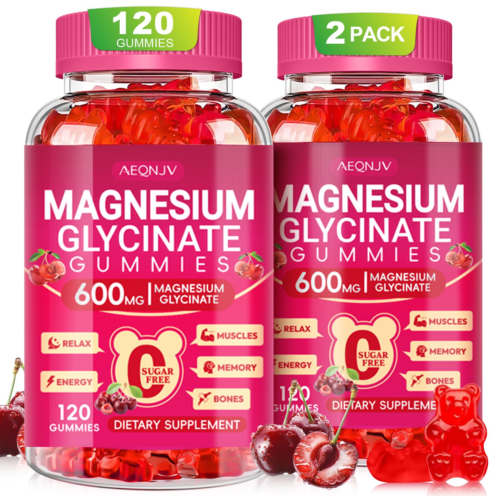 AEQNJV Magnesium Glycinate Gummies bottle shows 600mg formula for daily calm