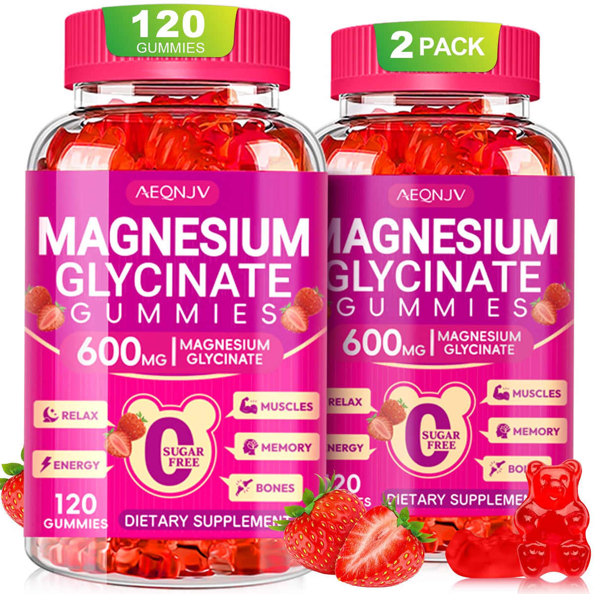 AEQNJV magnesium glycinate gummies bottle front signals a sugar-free daily supplement.