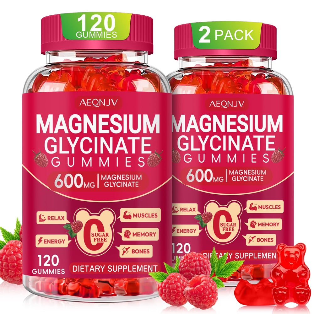 AEQNJV magnesium glycinate gummies bottle front, sugar-free daily supplement.