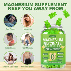 AEQNJV Magnesium Glycinate Gummies closeup on bottle label highlights nutrients