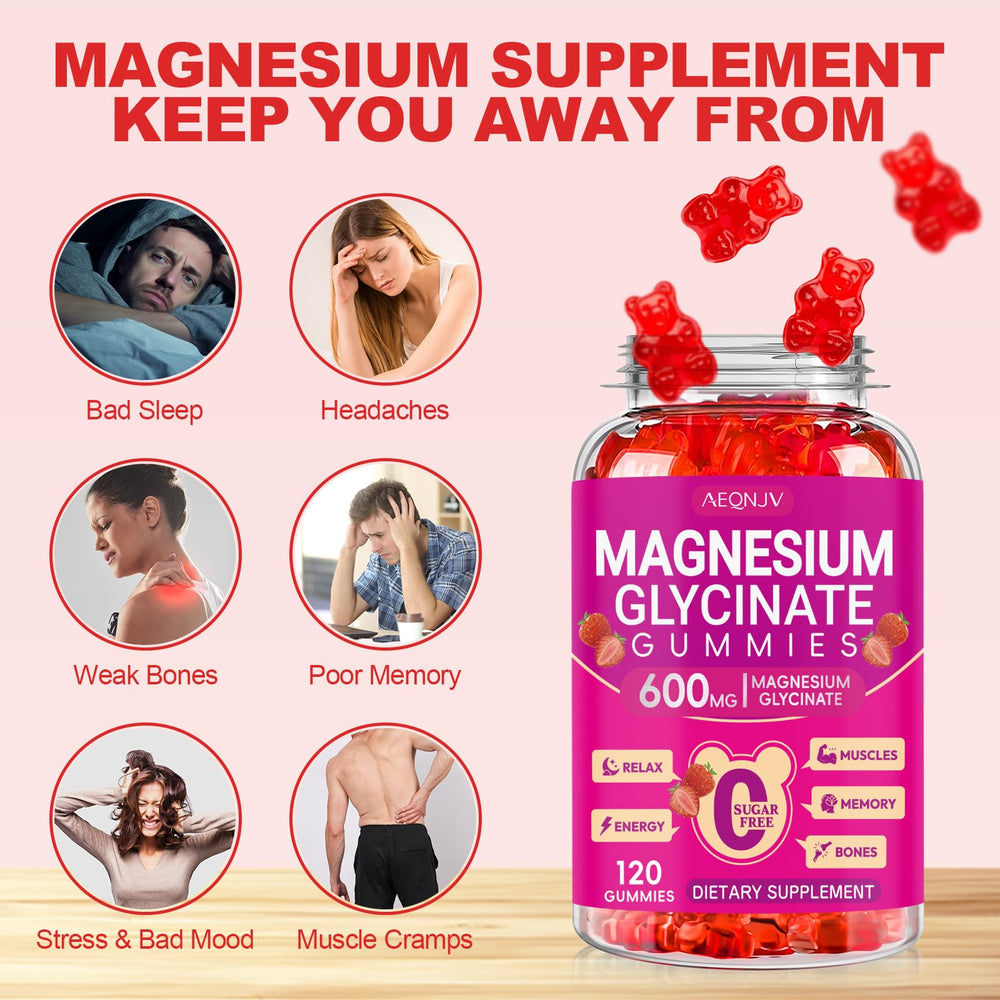 AEQNJV magnesium glycinate gummies close-up texture, soft and chewy for easy dosing.