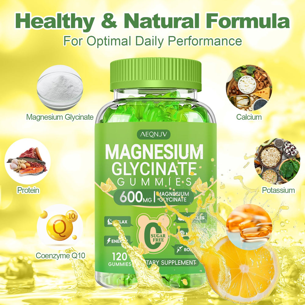AEQNJV Magnesium Glycinate Gummies bottle scene with CoQ10 and vitamins
