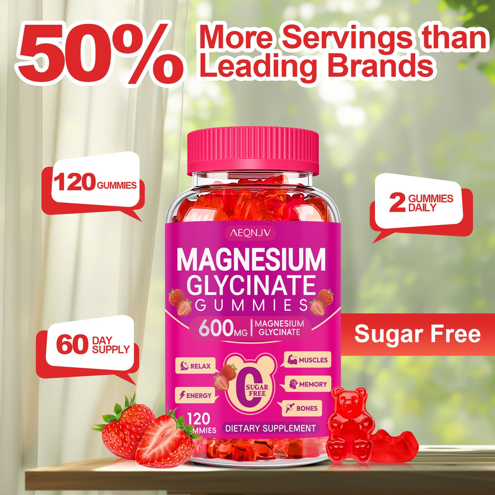AEQNJV magnesium glycinate gummies nutrition label highlights vitamin D, B6 and CoQ10.