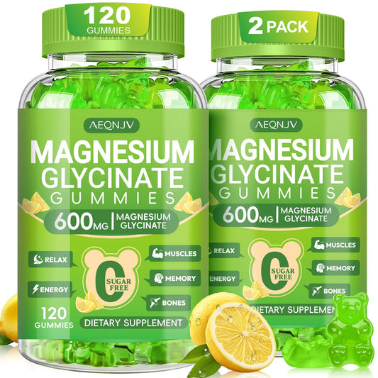AEQNJV Magnesium Glycinate Gummies lemon bottle shows sugar-free support for restful nights