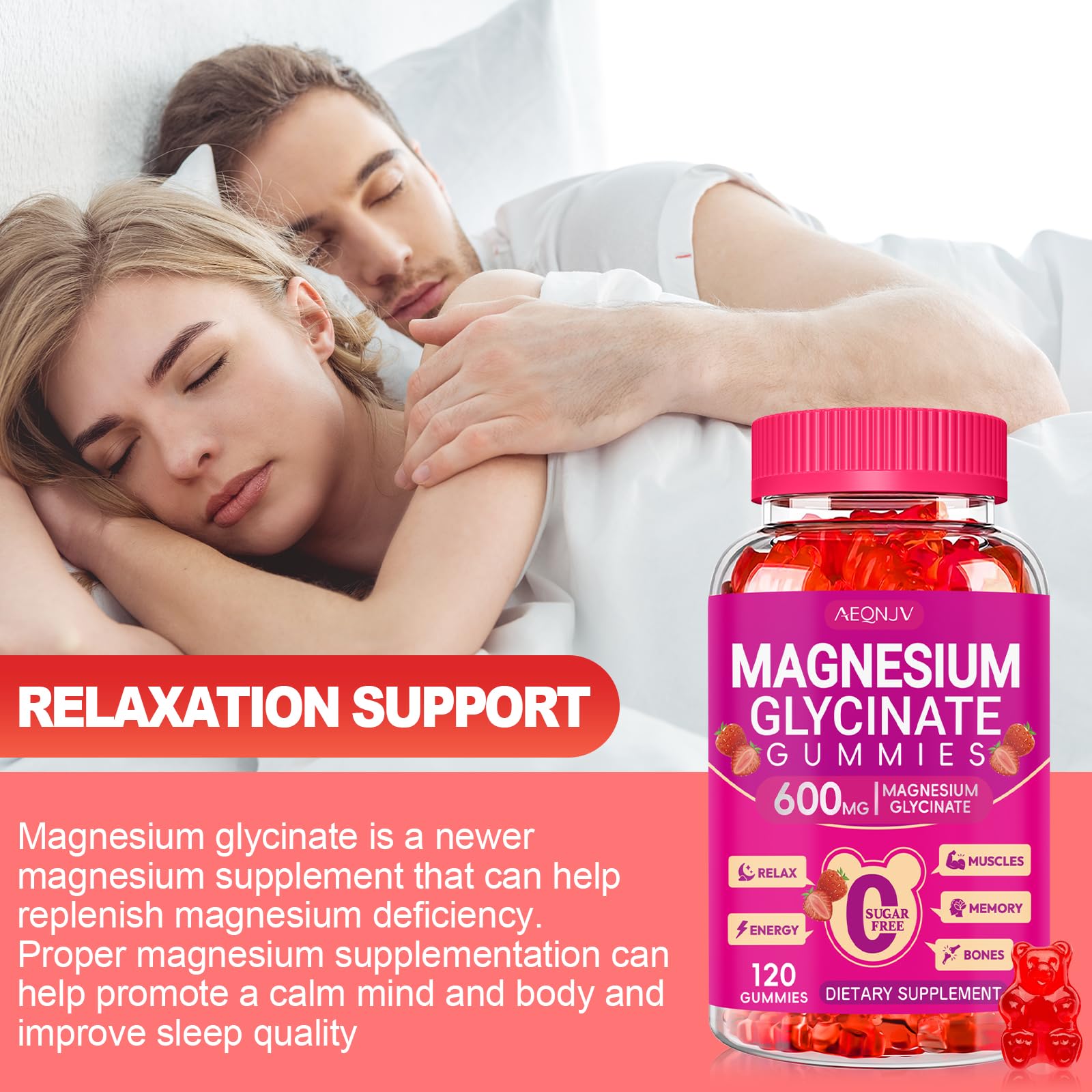 AEQNJV magnesium glycinate gummies with D, B6 and CoQ10 icons for balanced support.