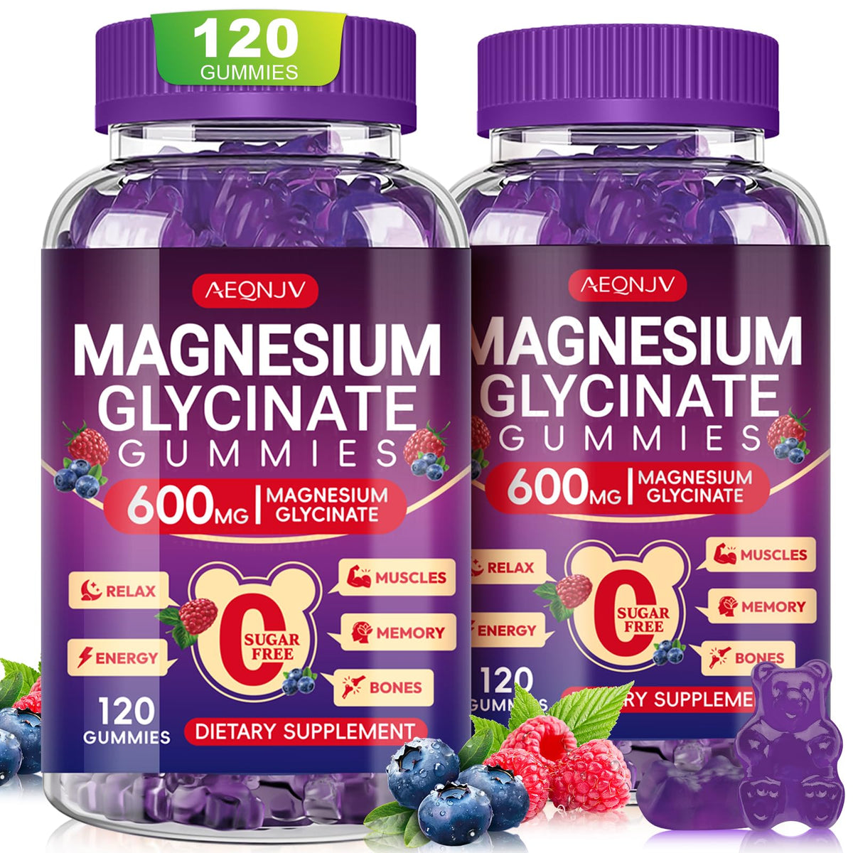 AEQNJV magnesium glycinate gummy 600mg bottle provides sugar-free nightly relaxation.