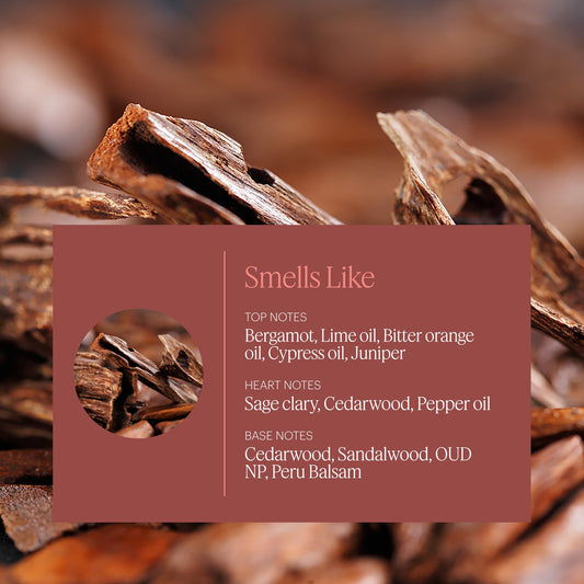 Close-up of the cap highlights premium essential oils and eco-friendly packaging