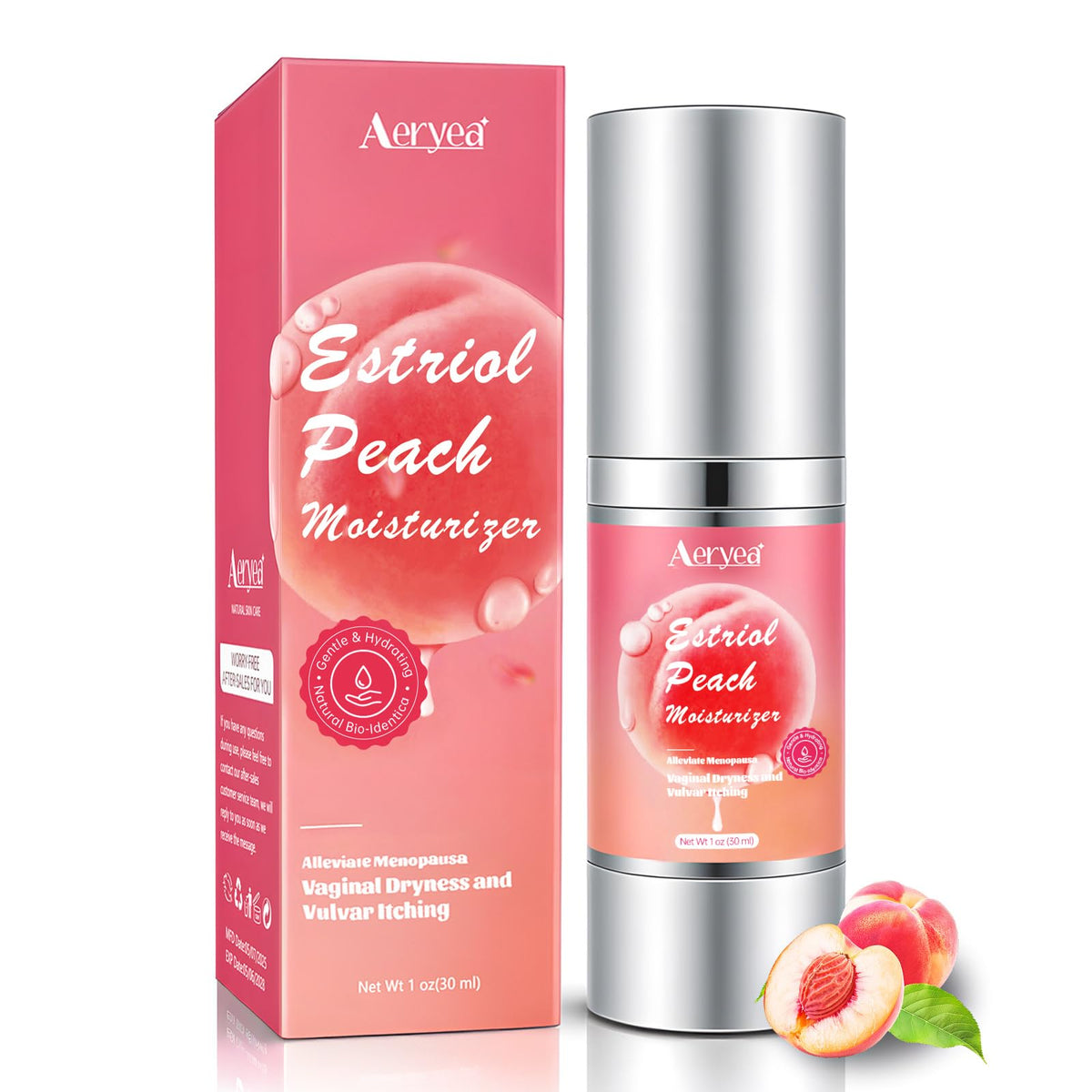 Aeryea Estriol cream bottle closeup showing gentle topical care for menopause support.