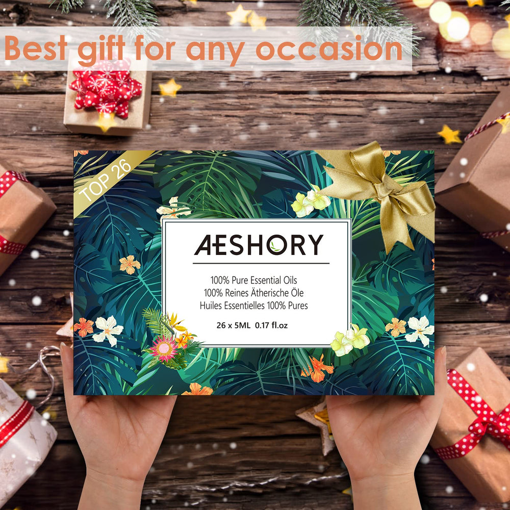 Aeshory essential oils set close-up showing multiple 5ml bottles and variety.