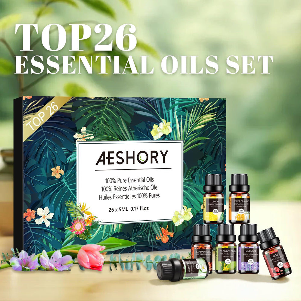 Aeshory gift packaging highlighting the 26x5ml essential oils set for gifting.