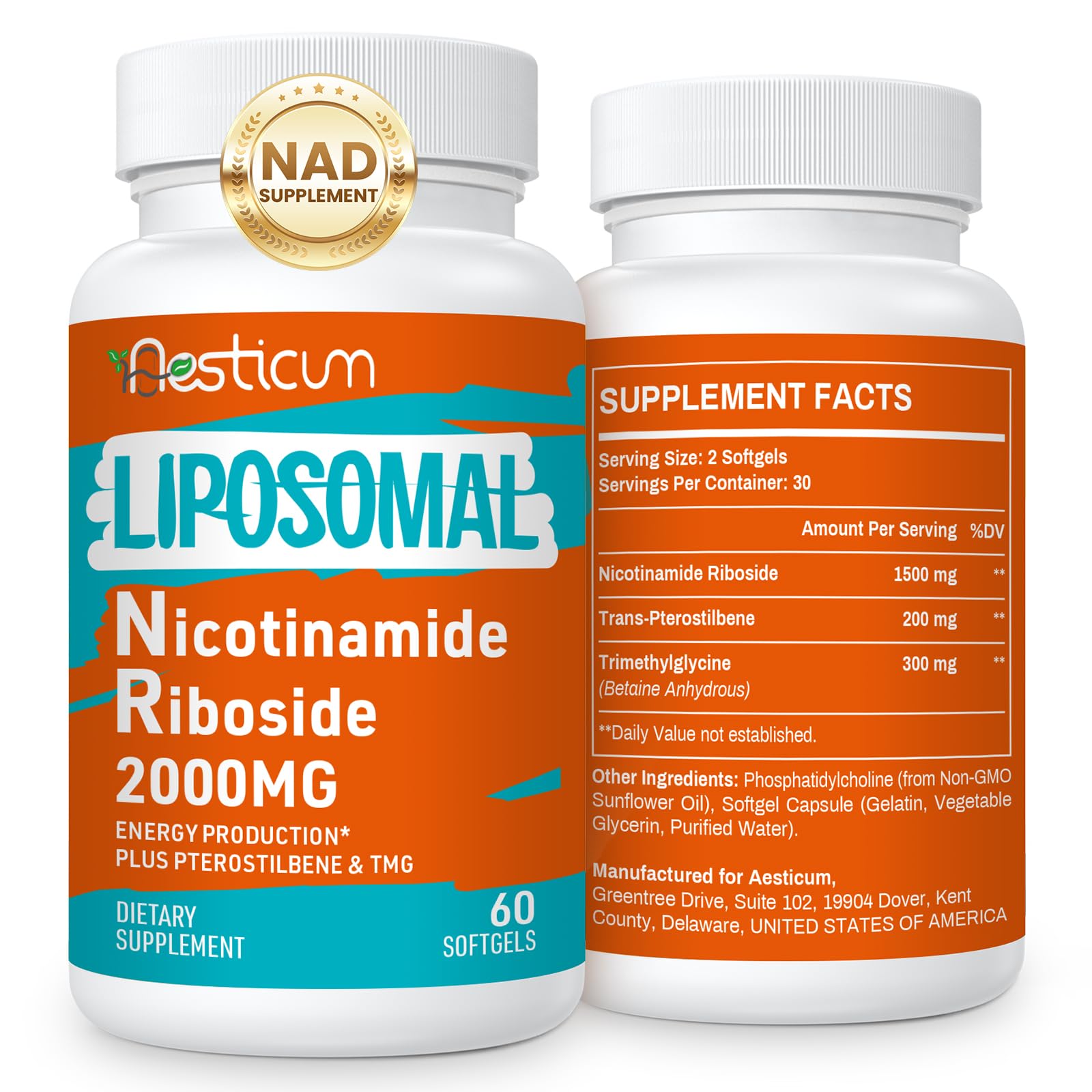 Aesticum Nicotinamide Riboside softgels bottle for convenient daily energy support.
