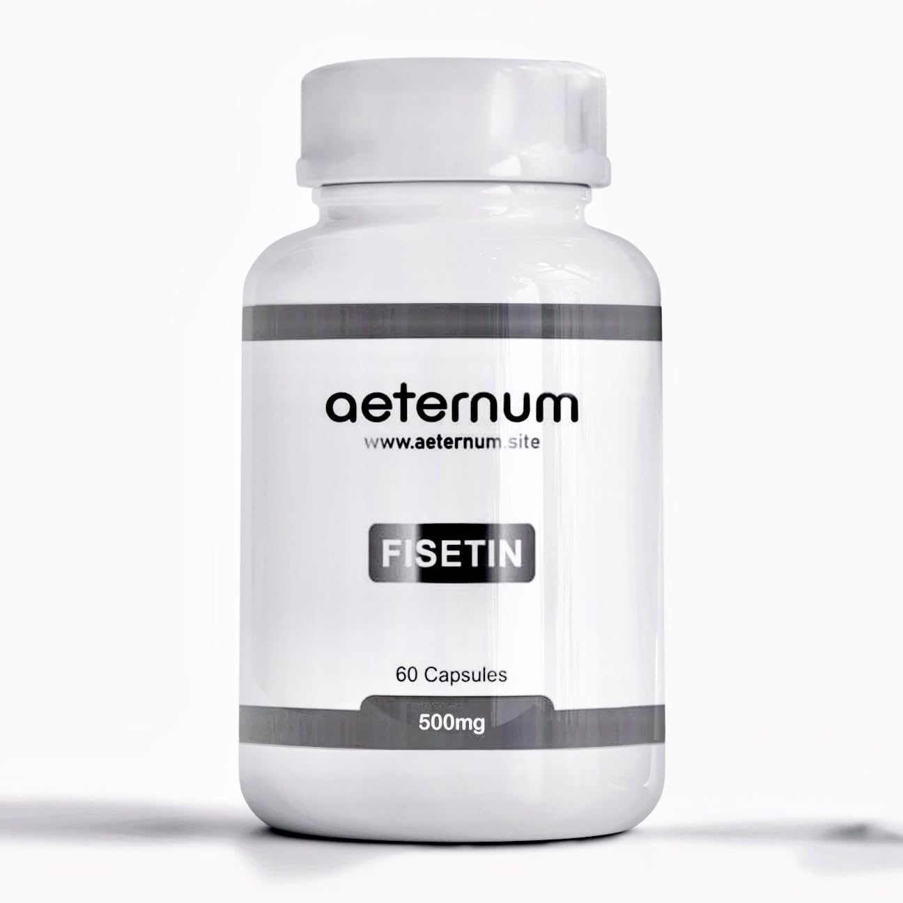 Aeternum Fisetin 500mg bottle on a clean countertop for daily longevity support.
