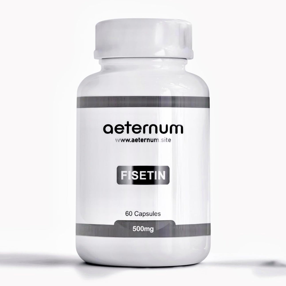 Aeternum Fisetin 500mg bottle on a clean countertop for daily longevity support.
