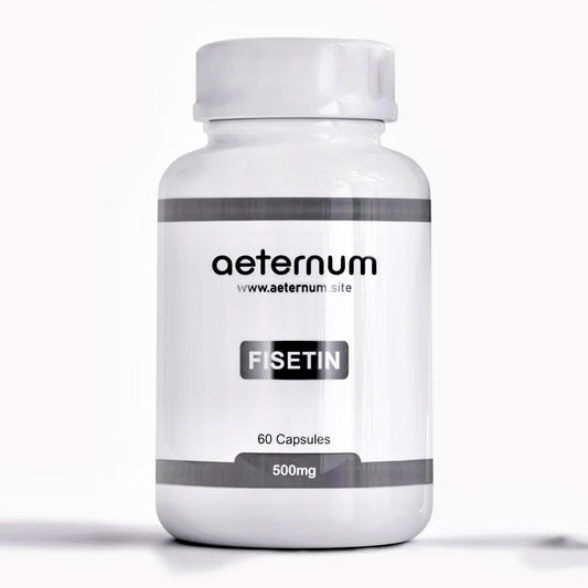 Aeternum Fisetin 500mg bottle on a clean countertop for daily longevity support.
