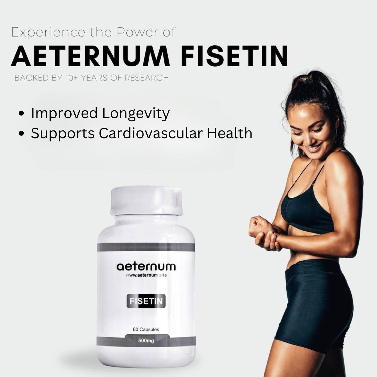 Aeternum Fisetin capsules arranged to show vegan, pure supplement for healthy aging.